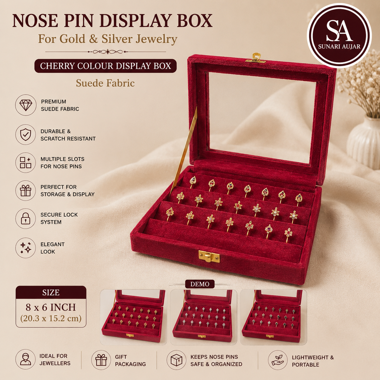Nose pin display box 8*6 sued fabric for gold and silver jewelry
