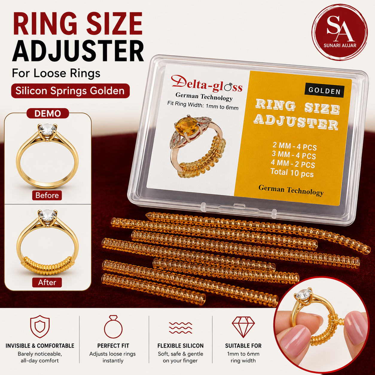 Ring Size Adjuster for loose Rings Silicon Springs Golden