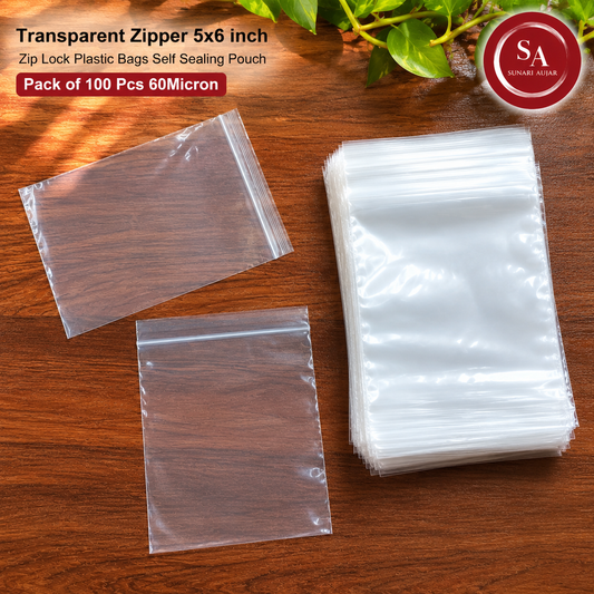Transparent Zipper 5x6 inch Zip Lock Plastic Bags Self Sealing Pouch Pack of 100 Pcs 60Micron