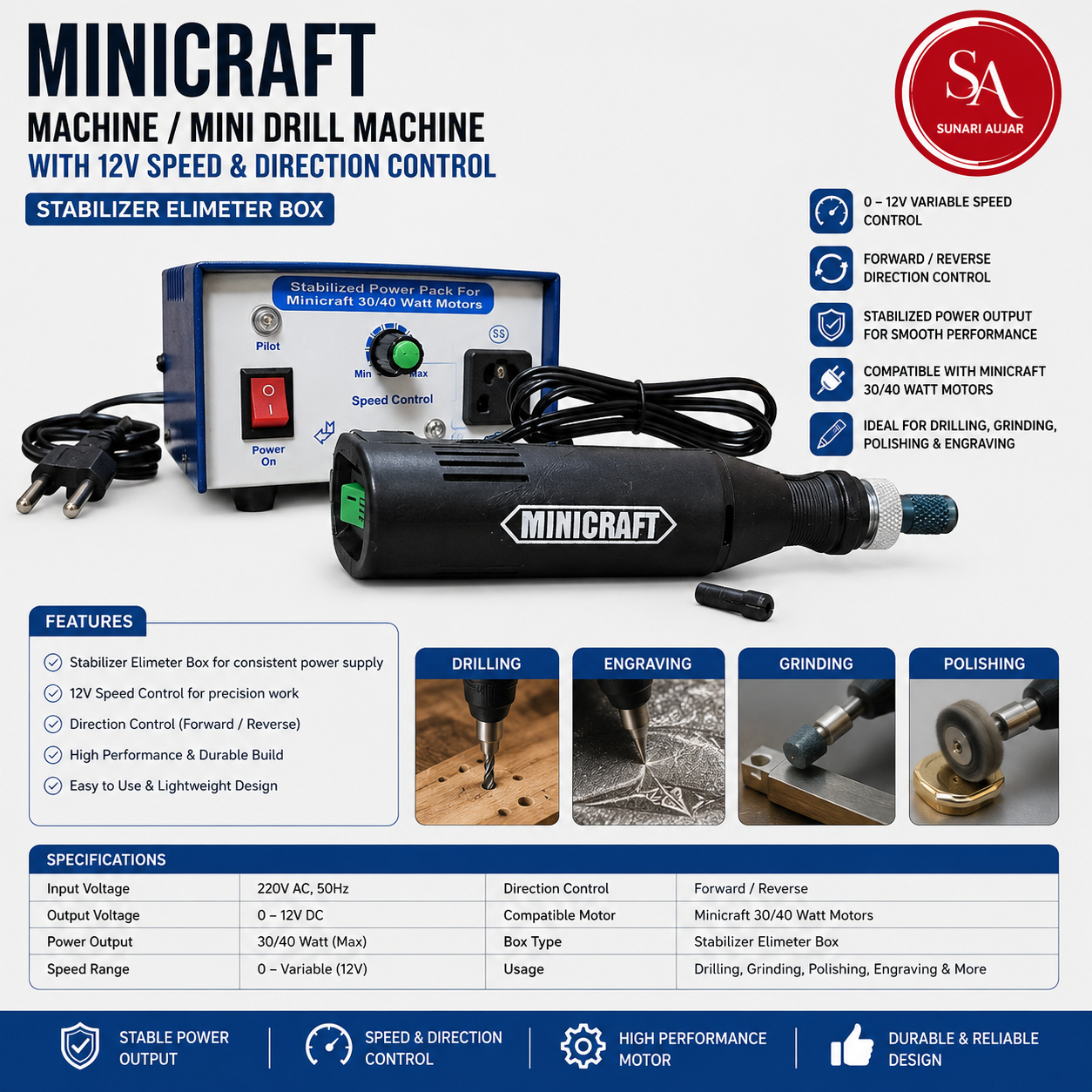 Minicraft Machine/Mini Drill Machine With 12V Speed And Direction Control Stabilizer Elimeter Box