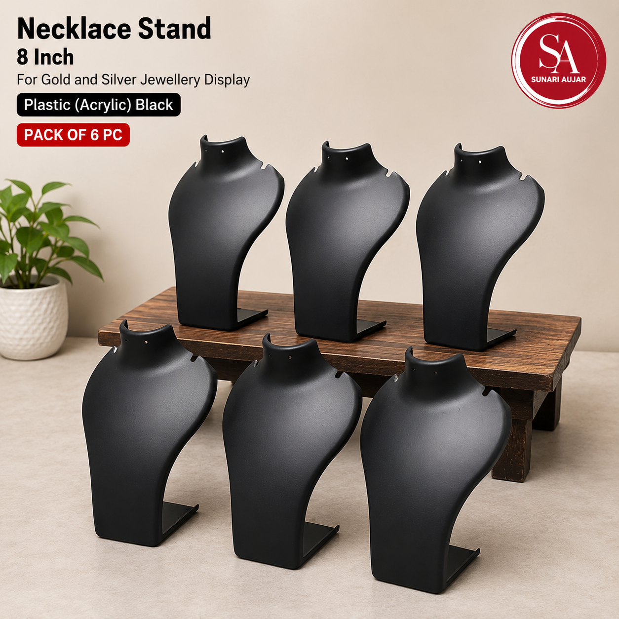 Necklace Stand 8 inch for gold and silver jewellery display Plastic(Acrylic) Black pack of 6pc
