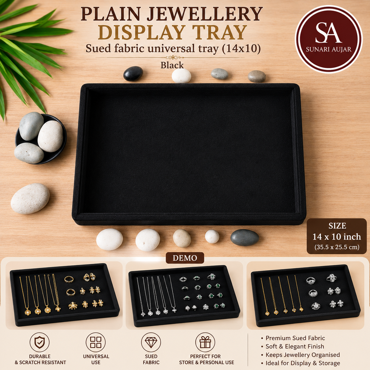 Plain Jewellery Display tray sued fabric universal tray (14x10) Black