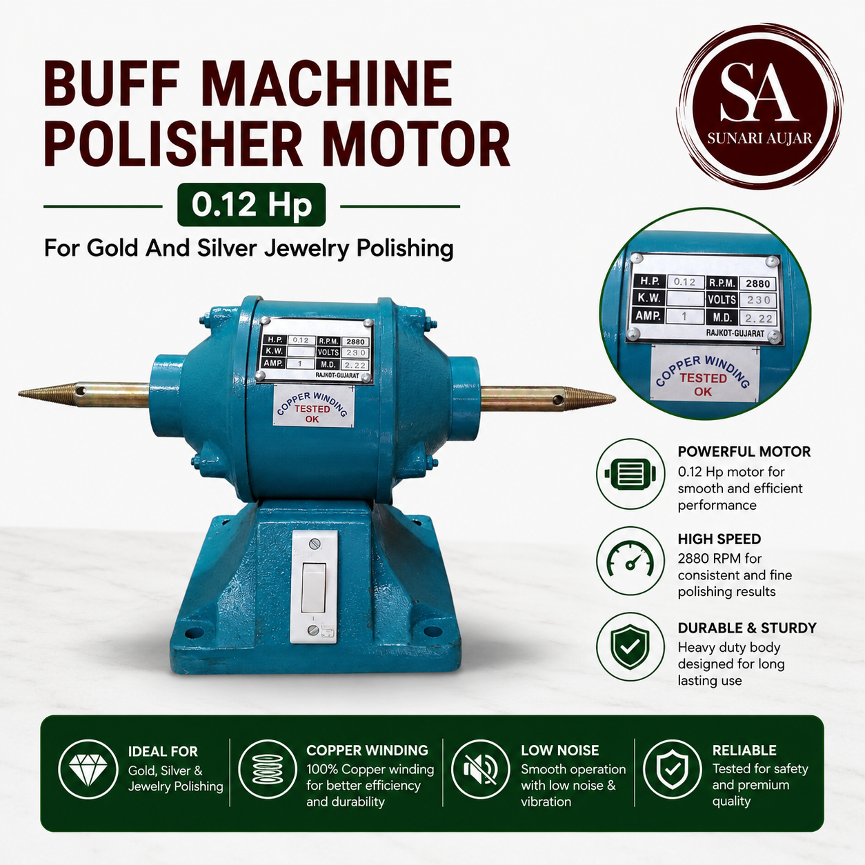 Buff Machine Polisher Motor 0.12 Hp For Gold And Silver Jewelry Polishing