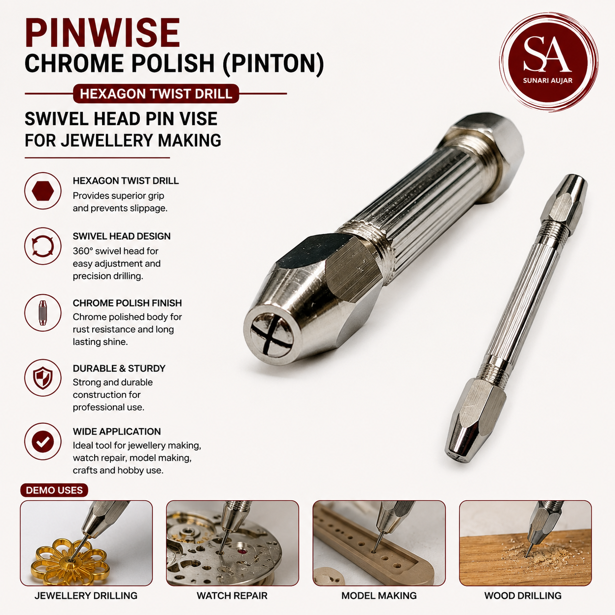 Pinwise Chrome Polish (Pinton)Hexagon Twist Drill Swivel Head Pin Vise For Jewellery Making