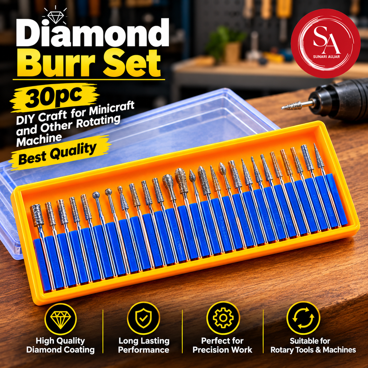 Diamond burr set 30pc diy craft for minicraft and other rotating machine best quality