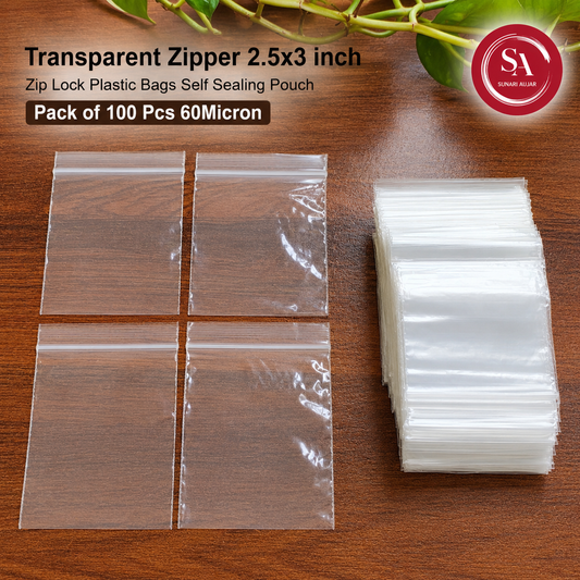 Transparent Zipper 2.5x3 inch Zip Lock Plastic Bags Self Sealing Pouch Pack of 100 Pcs 60Micron