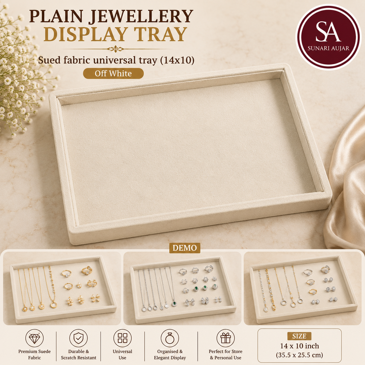Plain Jewellery Display tray sued fabric universal tray (14x10) Off white