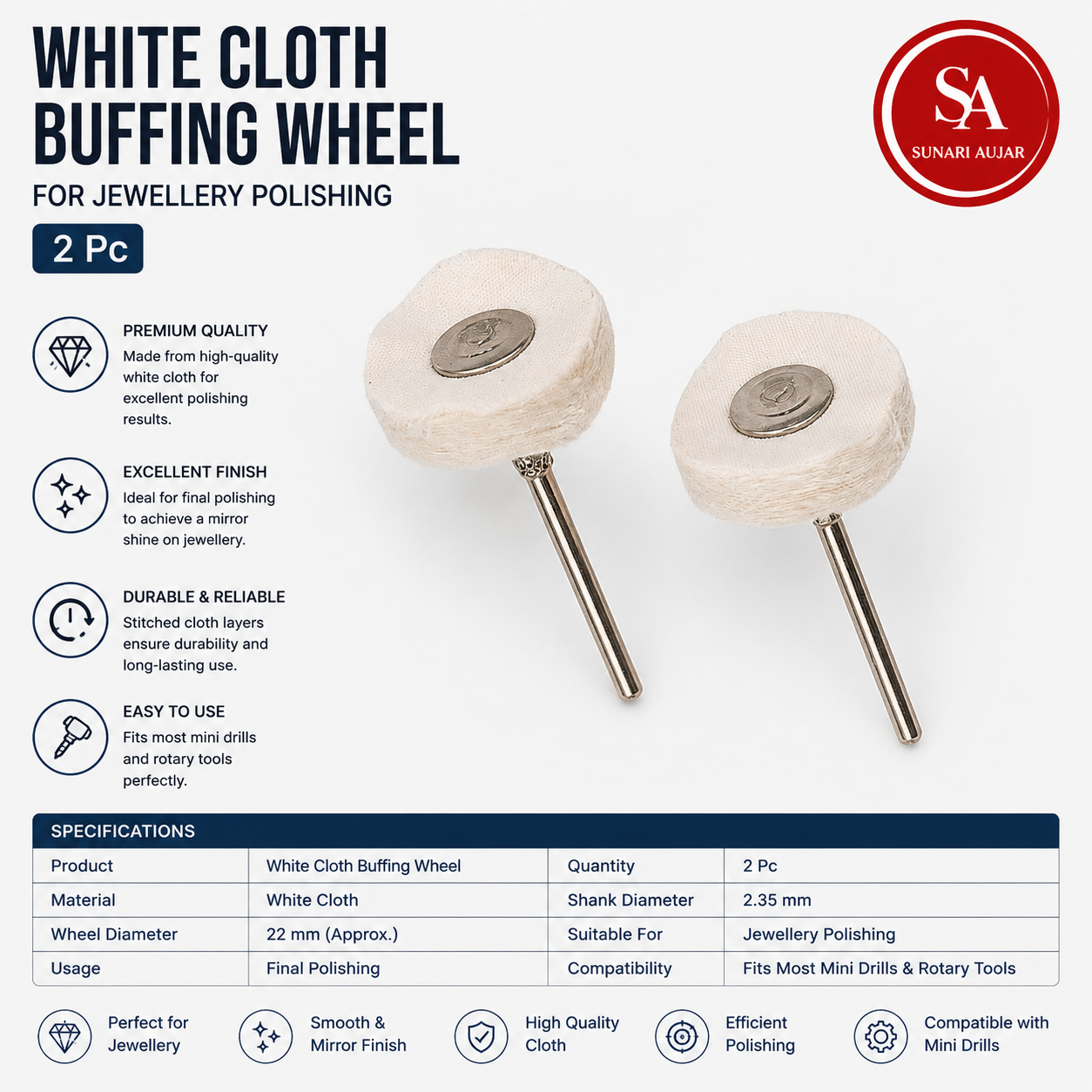 White Cloth Buffing Wheel For Jewellery Polishing 2 Pc