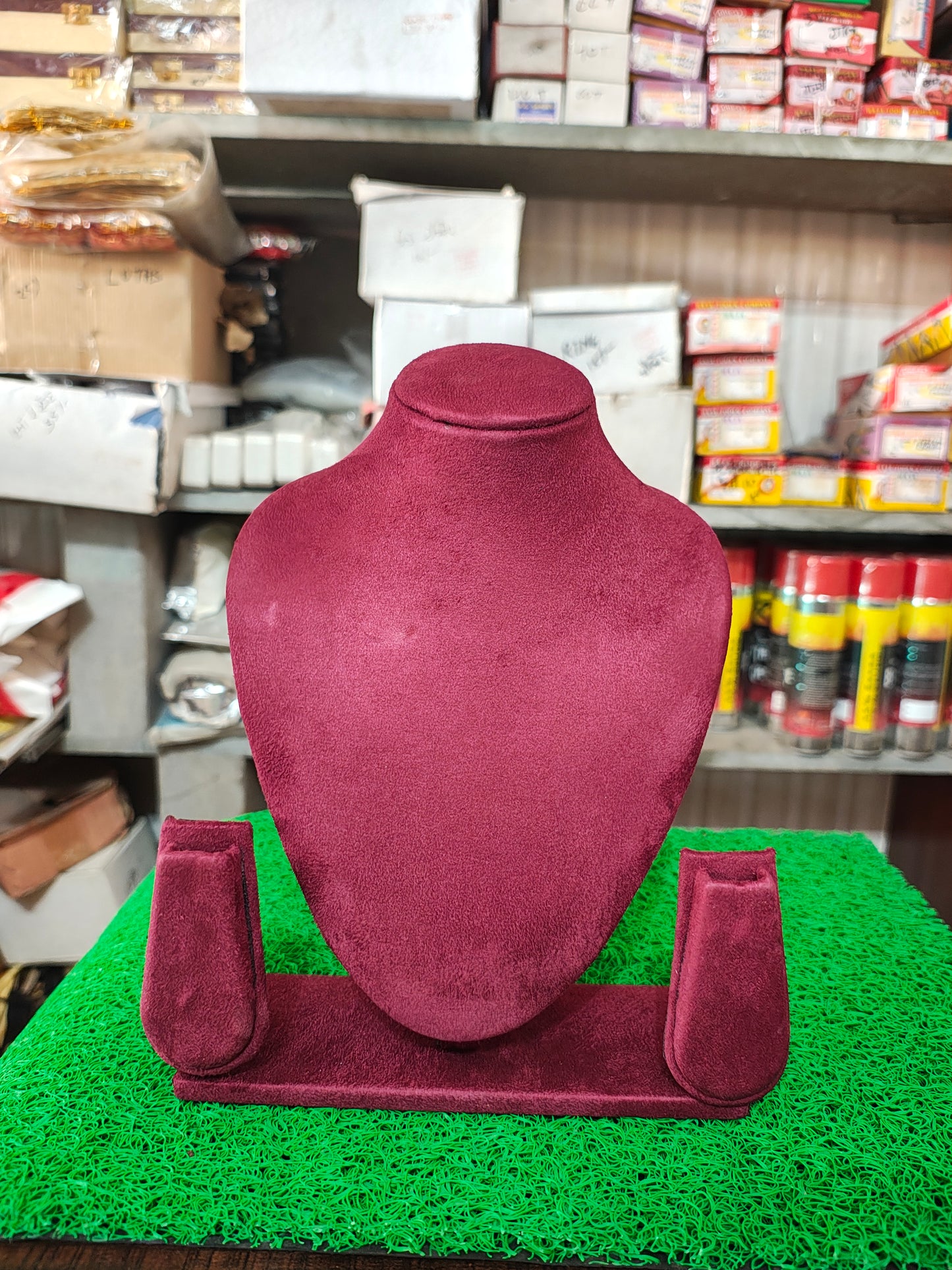 Necklace stand with earrings Mehroon sued fabric size 10"