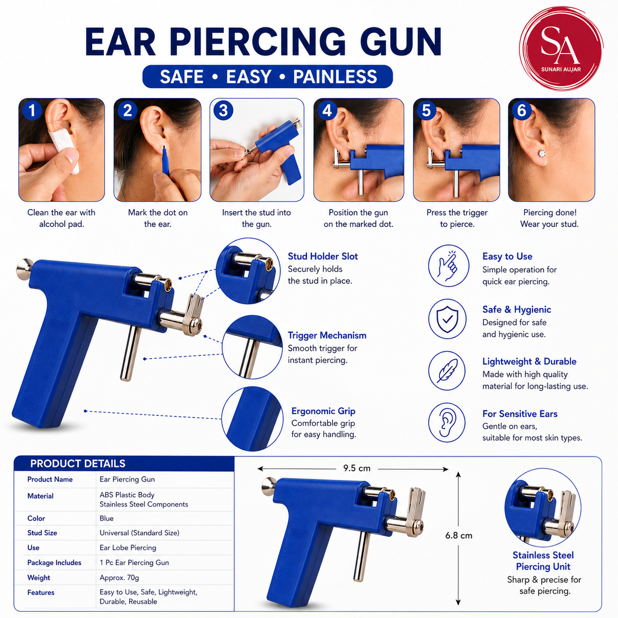 Ear piercing gun with 24pc studs