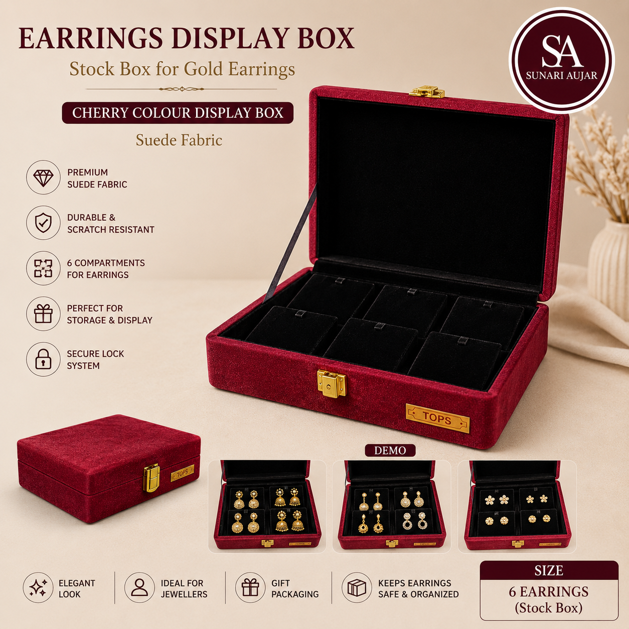 Earrings display Box Stock Box for gold earrings Cherry colour display box sued fabric
