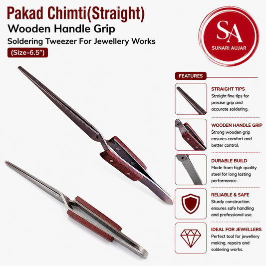 Pakad Chimti(Straight) Wooden Handle Grip Soldering Tweezer For Jewellery Works (Size-6.5")