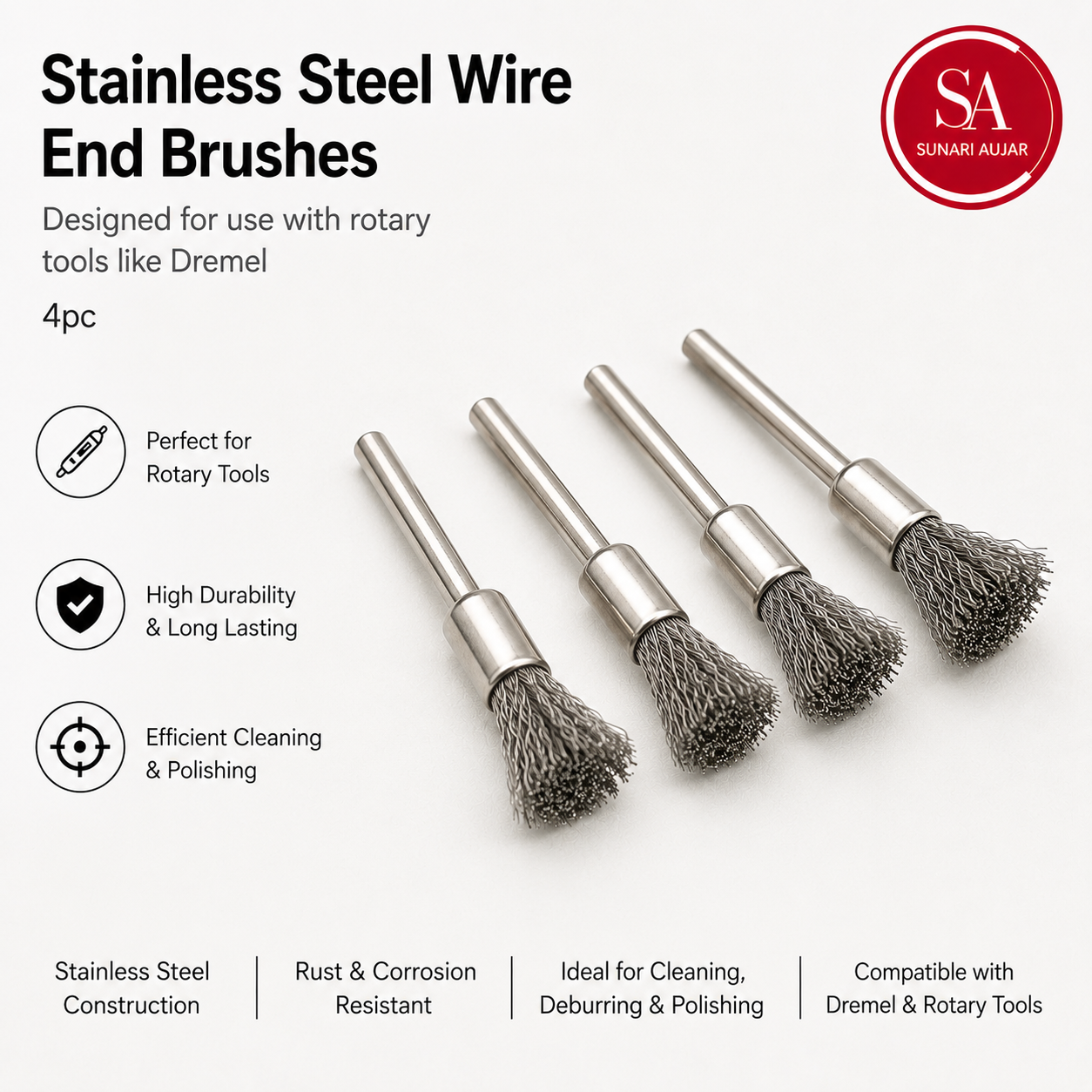 Stainless steel wire end brushes designed for use with rotary tools like Dremel 4 pc
