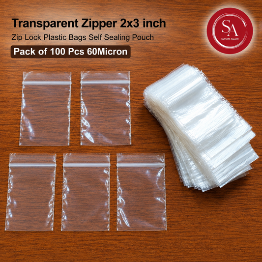 Transparent Zipper 2x3 inch Zip Lock Plastic Bags Self Sealing Pouch Pack of 100 Pcs 60Micron