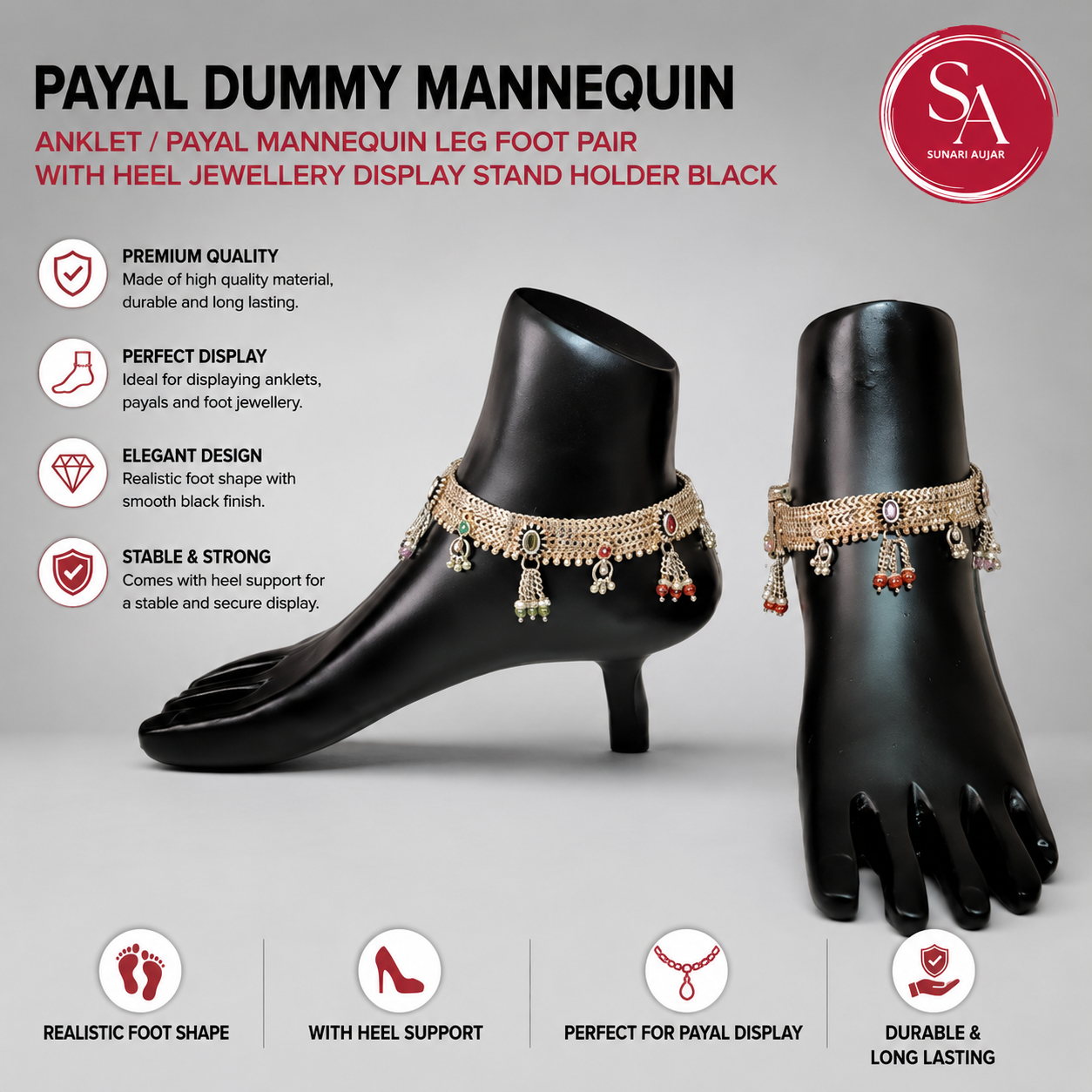 Payal Dummy Mannequin Anklet Payal Mannequin Leg Foot pair With Heel Jewellery Display Stand Holder Black