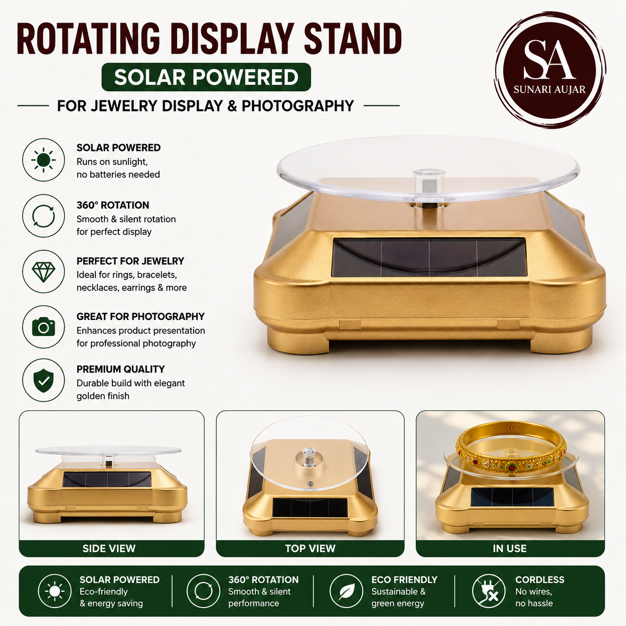 Rotating display stand solar powered for jewelry display and photography