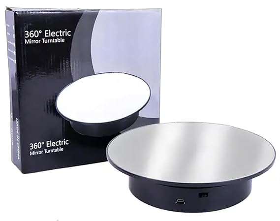 Rotating Electric Display Stand 360 degree 10inch with Mirror Finish for Photography Products Display, Jewellery, Cake and Collectibles, 10 Inch Diameter (Black)
